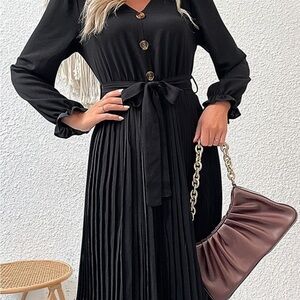 Decorative Button Belted Puff Sleeve Pleated Dress
